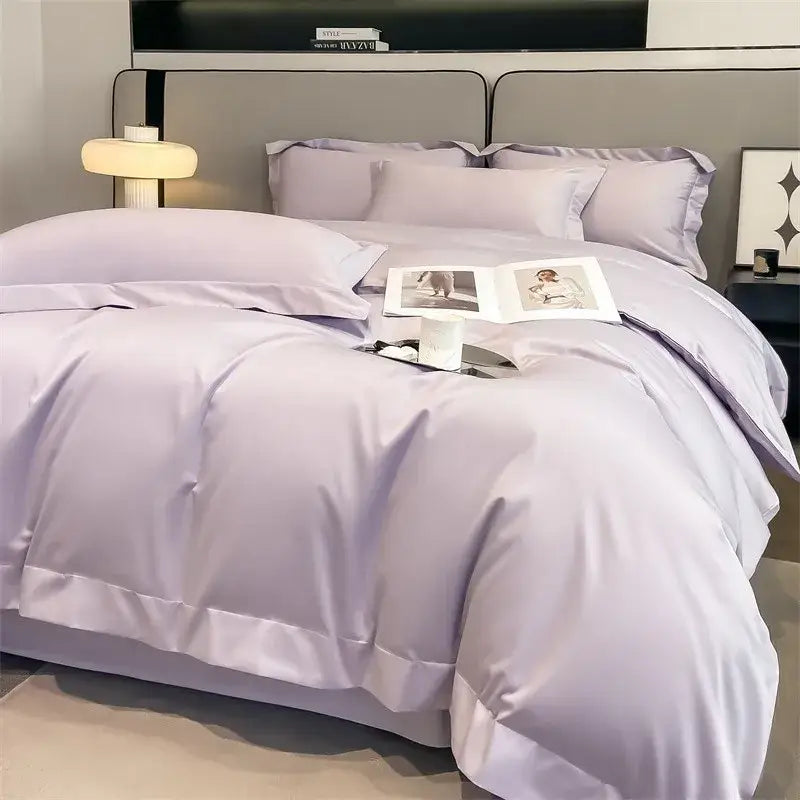 Sky blue satin duvet set with matching pillow shams on bed on Tampa Home & Garden Store