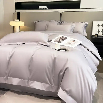 Sky Blue Satin Bedding Set by Decorbites duvet cover with pillowcases on a neatly made bed on Tampa Home & Garden Store