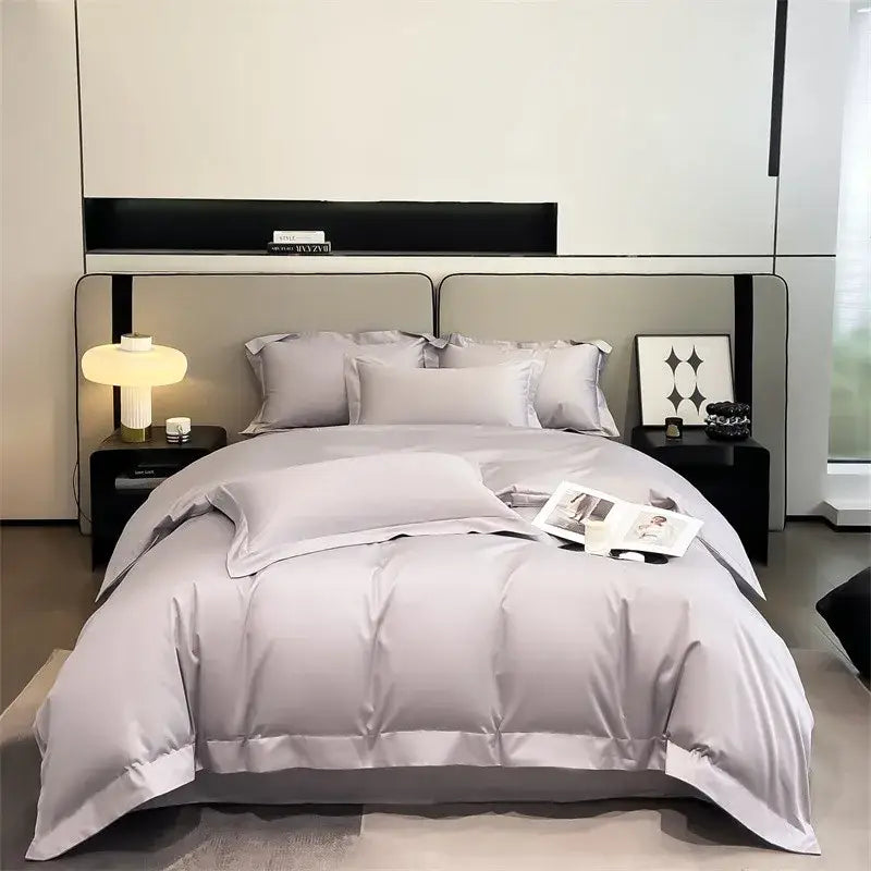 Sky blue satin duvet cover set by Decorbites with silky sheen and matching pillowcases on Tampa Home & Garden Store