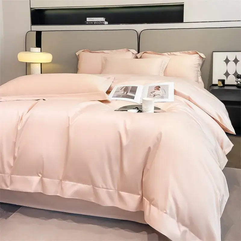 Sky Blue Satin Duvet Cover Set by Decorbites on bed with matching pillowcases on Tampa Home & Garden Store