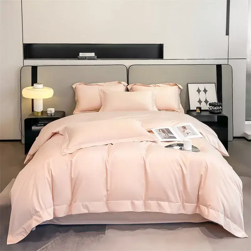 Sky Blue Satin Bedding Set by Decorbites on a modern bed with pale pink satin pillows on Tampa Home & Garden Store
