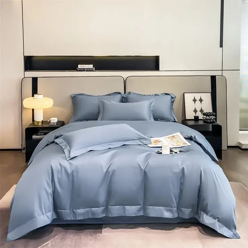 Sky blue satin duvet cover set by Decorbites with matching pillowcases on a modern bed on Tampa Home & Garden Store