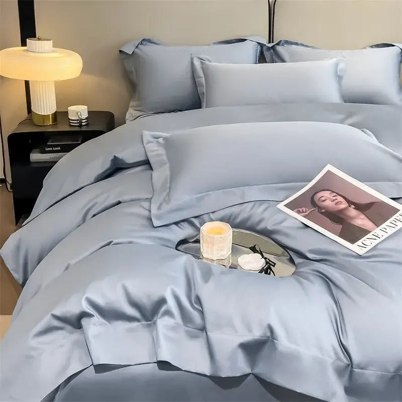 Luxury Sky Blue Satin Bedding Set and Blanket
