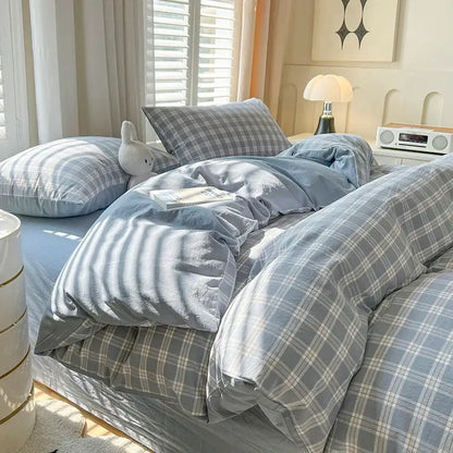 Blue Plaid Duvet Set by Decorbites, blue-gray plaid duvet cover with matching shams on Tampa Home & Garden Store