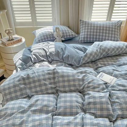 Blue Plaid Duvet Set with matching pillowcases on bed by Decorbites on Tampa Home & Garden Store
