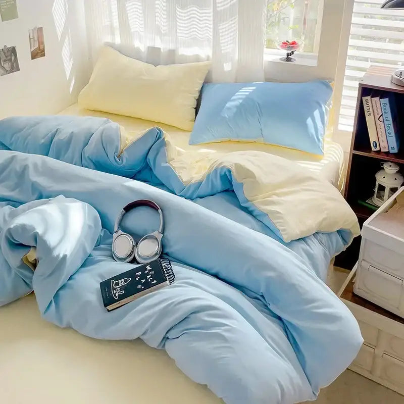 Luxurious cream cotton duvet cover set by Decorbites with sky-blue accents on bed on Tampa Home & Garden Store