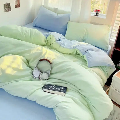 Decorbites luxurious cream cotton duvet cover set on bed with mint-green and blue bedding on Tampa Home & Garden Store