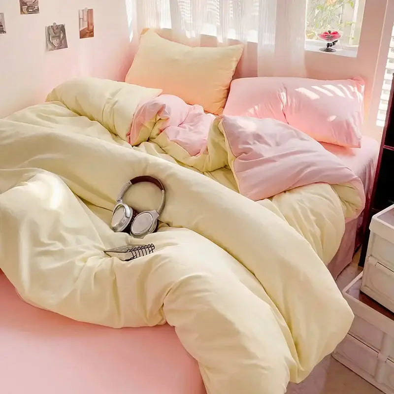 Luxurious cream cotton duvet cover set on pink bed with cream sheets and pink pillows on Tampa Home & Garden Store