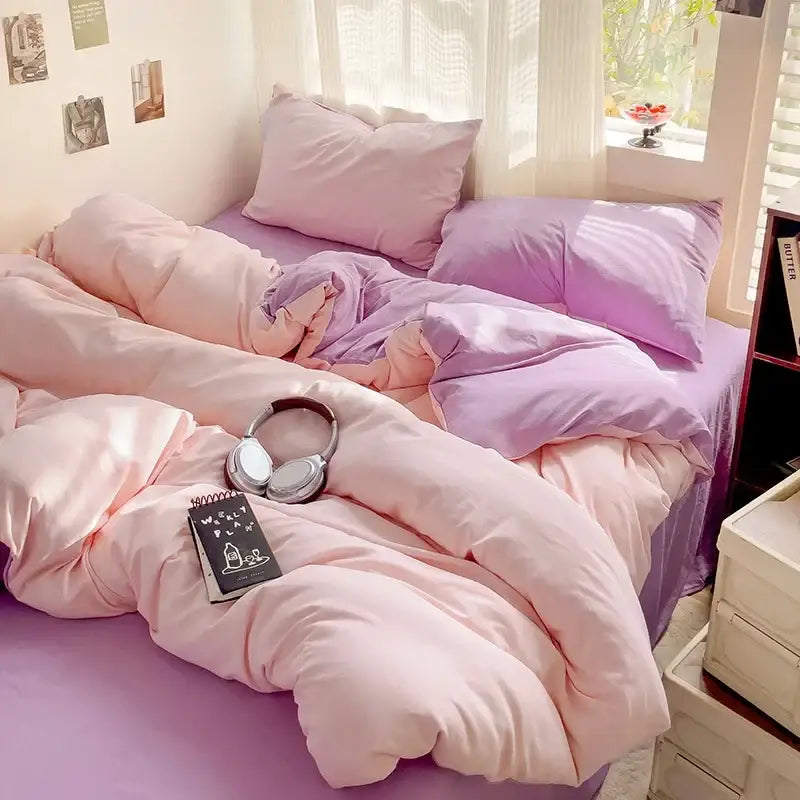 Luxurious cream cotton duvet cover set by Decorbites with pink and lavender bedding on Tampa Home & Garden Store