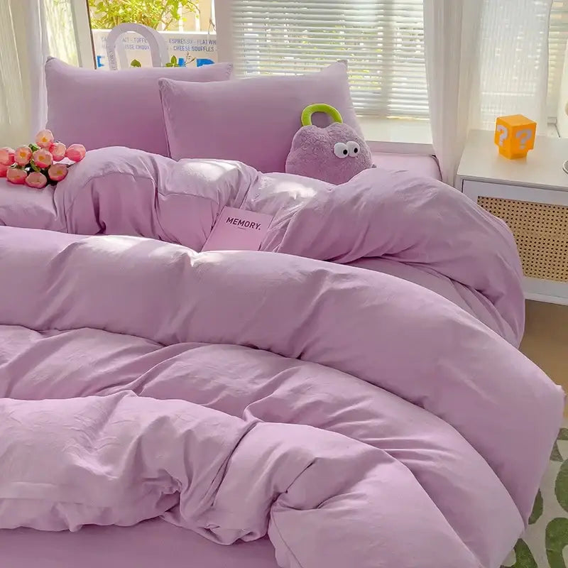 Decorbites lavender cotton duvet cover set for bedroom with matching pillowcases on bed on Tampa Home & Garden Store