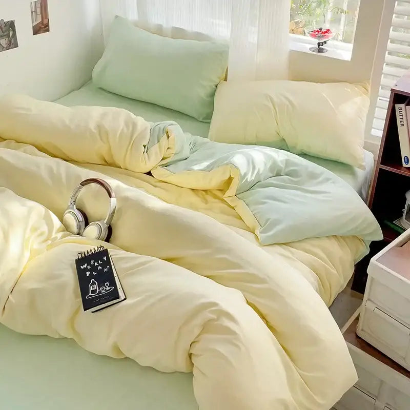Luxurious cream cotton duvet cover set by Decorbites on bed with mint green pillows on Tampa Home & Garden Store