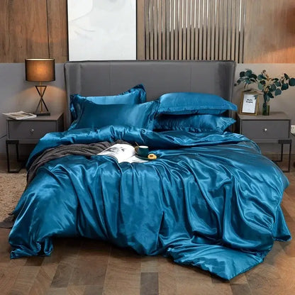 Decorbites Copper Satin Bedding Set duvet cover in teal satin with pillow shams on bed on Tampa Home & Garden Store