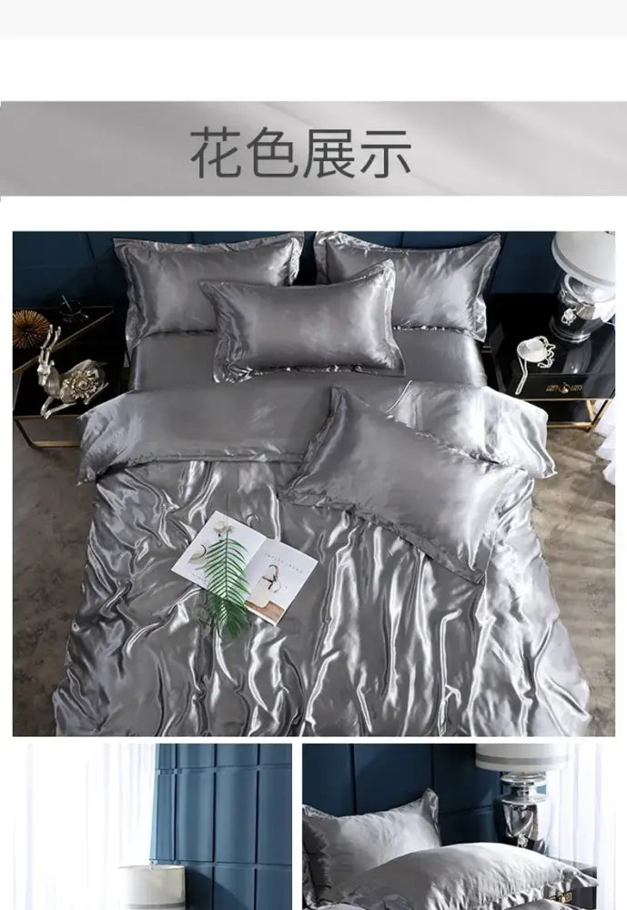Gray silk duvet cover set by Decorbites with metallic sheen and coordinating pillow shams on Tampa Home & Garden Store