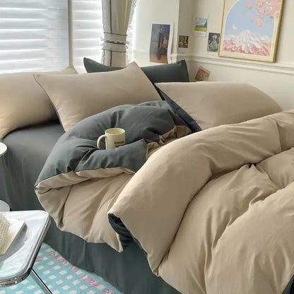 Duvet cover bedding set by Decorbites in beige and charcoal gray on a bed with pillows on Tampa Home & Garden Store