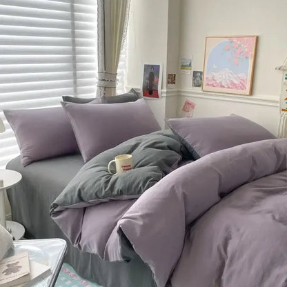Decorbites lavender duvet cover set with gray backing and lavender pillowcases on a bed on Tampa Home & Garden Store