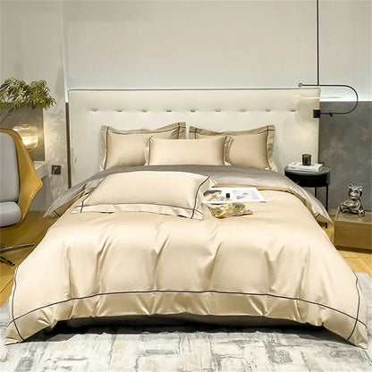 Luxurious beige and gold Egyptian cotton duvet cover set with matching shams on a bed on Tampa Home & Garden Store