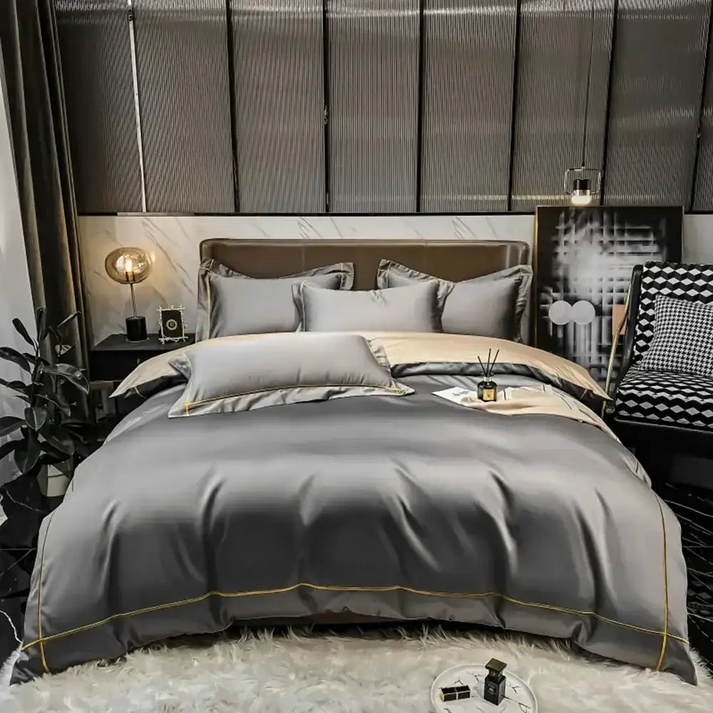 Navy and gold egyptian cotton duvet cover set by Decorbites on a bed with matching pillows on Tampa Home & Garden Store