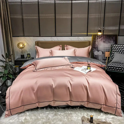 Duvet cover set by Decorbites peach pink Egyptian cotton with black piping on Tampa Home & Garden Store