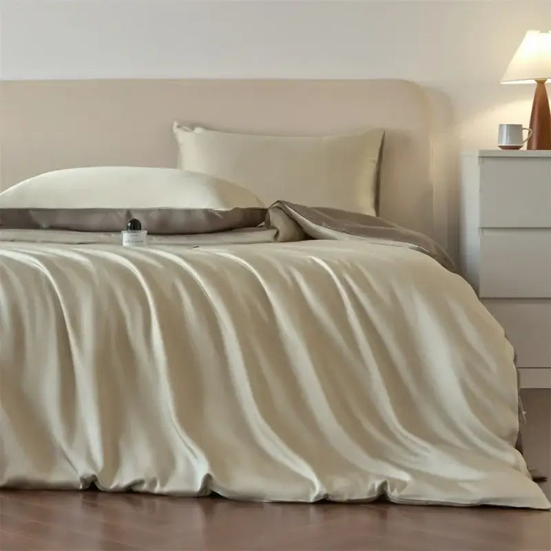 Duvet cover set Decorbites beige lyocell silk with matching pillowcases on a neatly made bed on Tampa Home & Garden Store