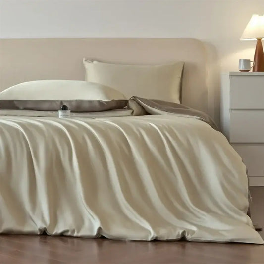 Duvet cover set Decorbites beige lyocell silk with matching pillowcases on a neatly made bed on Tampa Home & Garden Store