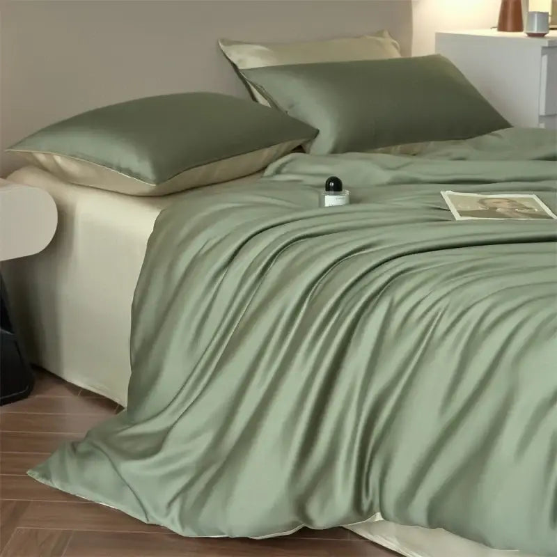 Decorbites duvet cover set in beige lyocell silk with matching pillowcases on Tampa Home & Garden Store