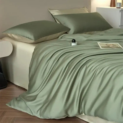Decorbites duvet cover set in beige lyocell silk with matching pillowcases on Tampa Home & Garden Store