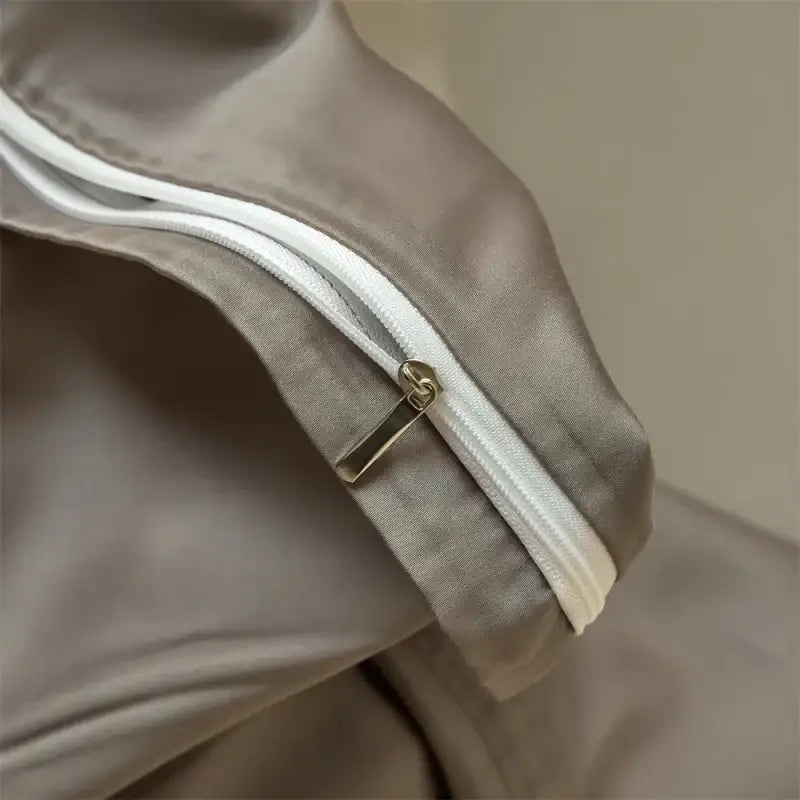 Decorbites beige lyocell silk duvet cover set with zipper detail on smooth bedding fabric on Tampa Home & Garden Store