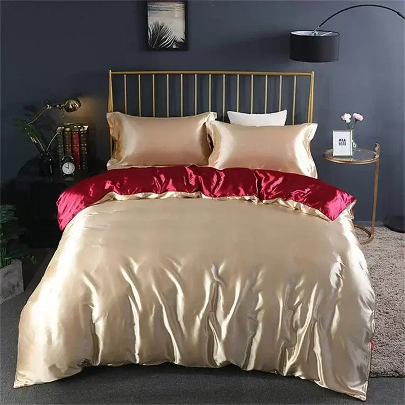 Decorbites Pink Silver Silk Bedding duvet cover set on a gold metal bed with beige satin sheets on Tampa Home & Garden Store