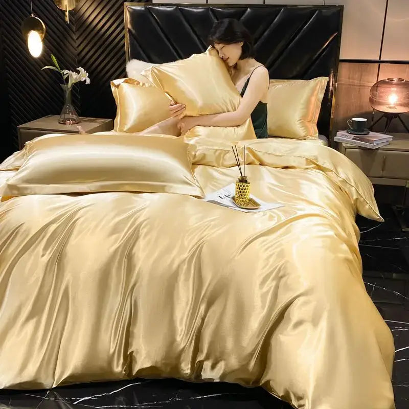 Modern Gold Rayon Silk Bedding and Sheet Set