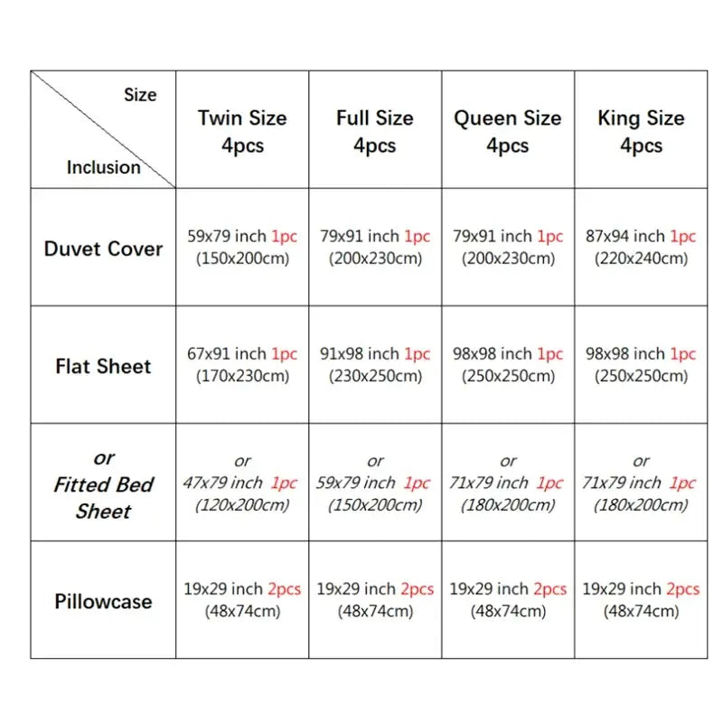 Matcha Green Satin Bedding Duvet Cover size chart by Decorbites showing twin to king 4pc sets on Tampa Home & Garden Store