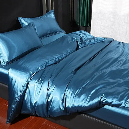 Decorbites Matcha Green Satin Duvet Cover set in teal satin with glossy sheen on bed on Tampa Home & Garden Store