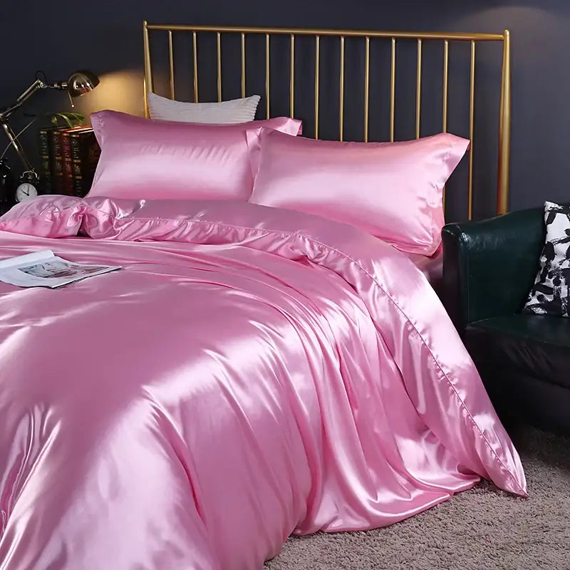 Matcha Green Satin Bedding duvet cover pink satin on bed with gold headboard Decorbites on Tampa Home & Garden Store
