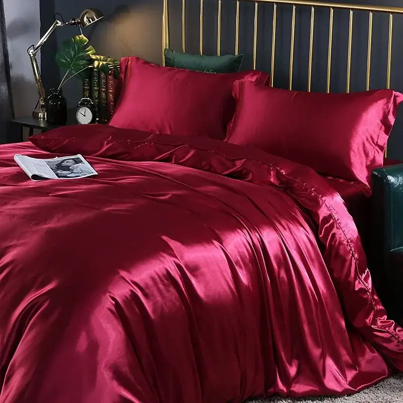 Matcha Green Satin Bedding Duvet Covers by Decorbites on burgundy satin bed with brass headboard on Tampa Home & Garden Store