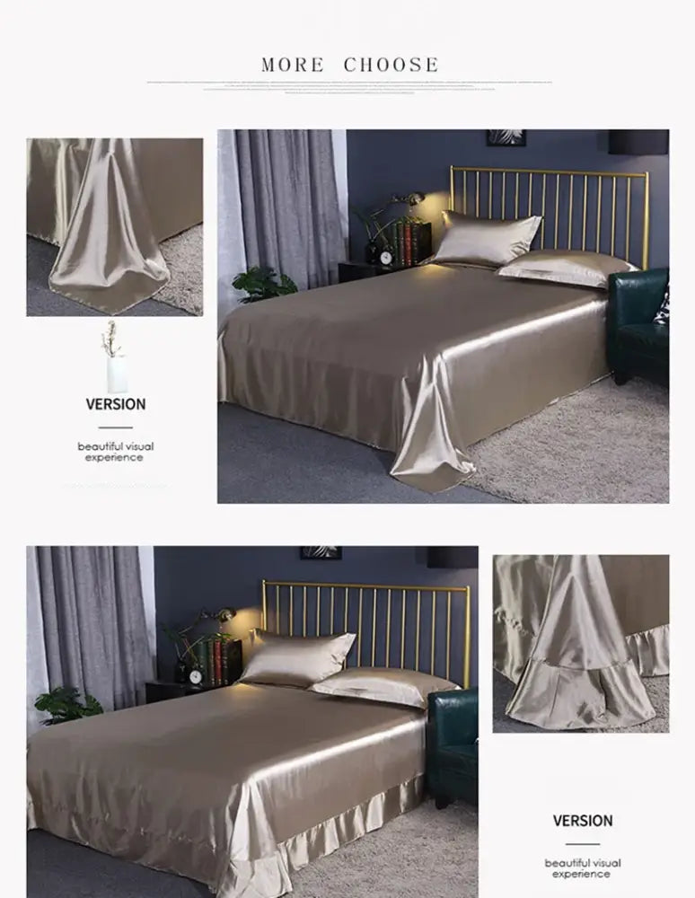 Matcha Green Satin Duvet Cover by Decorbites on a neatly made bed with a brass headboard on Tampa Home & Garden Store