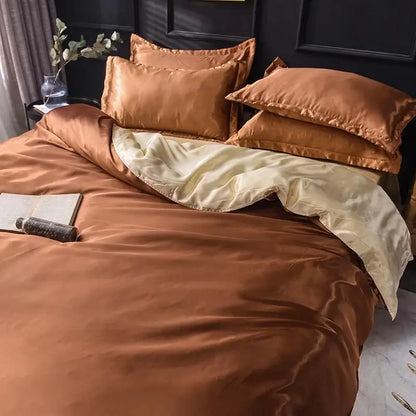 Silk blush pink duvet cover set by Decorbites with copper satin pillowcases on bed on Tampa Home & Garden Store