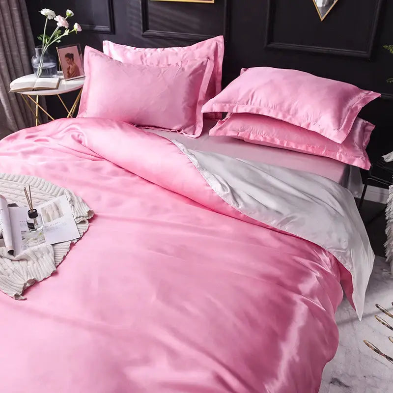 Luxurious blush pink silk duvet cover set with matching pillowcases by Decorbites on Tampa Home & Garden Store
