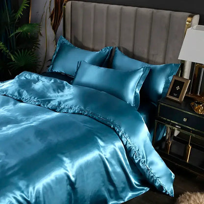 Silk duvet cover set teal Decorbites on bed with matching shams on Tampa Home & Garden Store