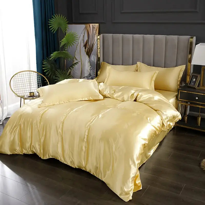 Yellow Silk Bedding Set duvet cover by Decorbites with sheen and matching pillow shams on Tampa Home & Garden Store