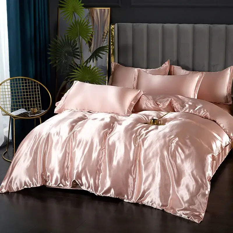 Yellow silk bedding set duvet cover with pink pillowcases on a satin bed on Tampa Home & Garden Store