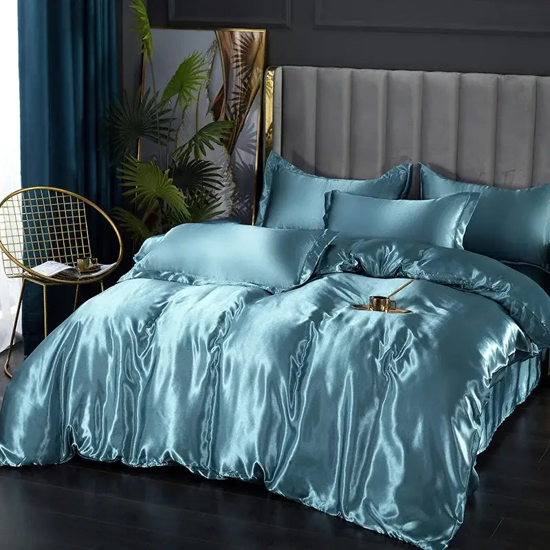 Yellow Silk Bedding Set duvet covers by Decorbites in teal satin with pillows on bed on Tampa Home & Garden Store