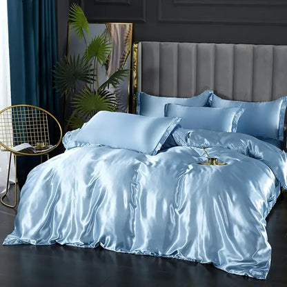 Silk duvet cover set in blue with matching pillow shams by Decorbites on Tampa Home & Garden Store