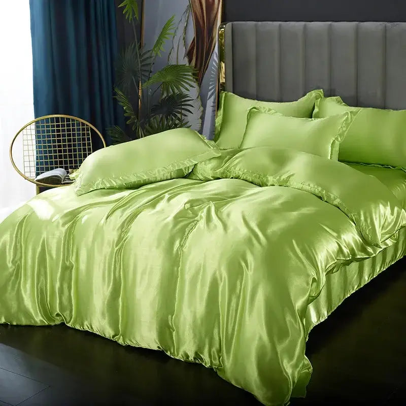 Decorbites yellow silk bedding set with duvet cover and pillowcases in lime-yellow sheen on bed on Tampa Home & Garden Store