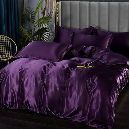 Yellow Silk Bedding Set by Decorbites purple silk duvet covers on a bed in a luxe bedroom on Tampa Home & Garden Store