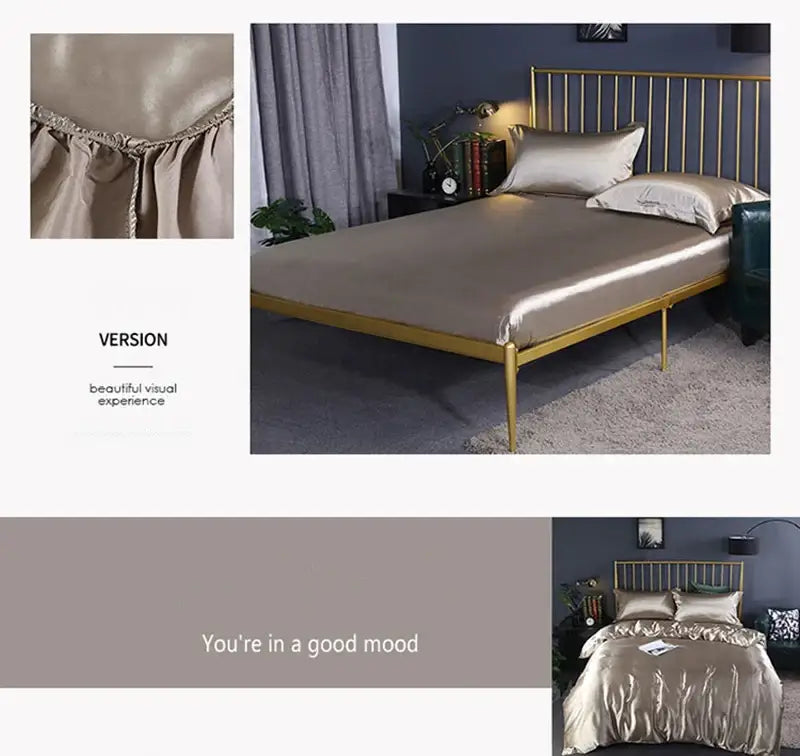 Gold Red Satin Bedding duvet cover set by Decorbites in warm gold satin on a gold metal bed on Tampa Home & Garden Store