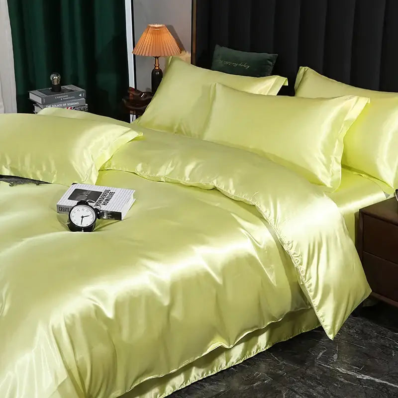 Satin bedding set with fitted and flat sheets in pale yellow Decorbites on Tampa Home & Garden Store