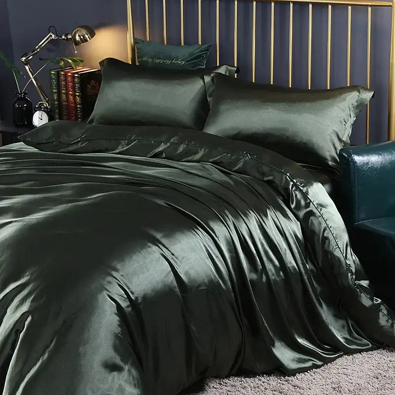 Decorbites gold red satin bedding duvet cover set on green satin bed with brass headboard on Tampa Home & Garden Store