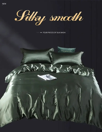 Decorbites green satin bedding duvet cover set with pillowcases on dark background on Tampa Home & Garden Store