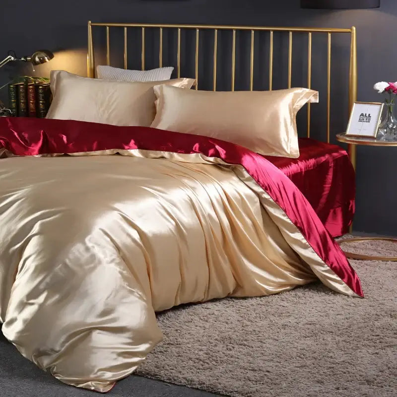 Gold Red Satin Bedding duvet cover set by Decorbites in champagne gold with red trim on Tampa Home & Garden Store