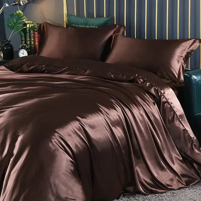 Gold Red Satin Bedding duvet covers by Decorbites, brown satin with matching pillowcases on Tampa Home & Garden Store