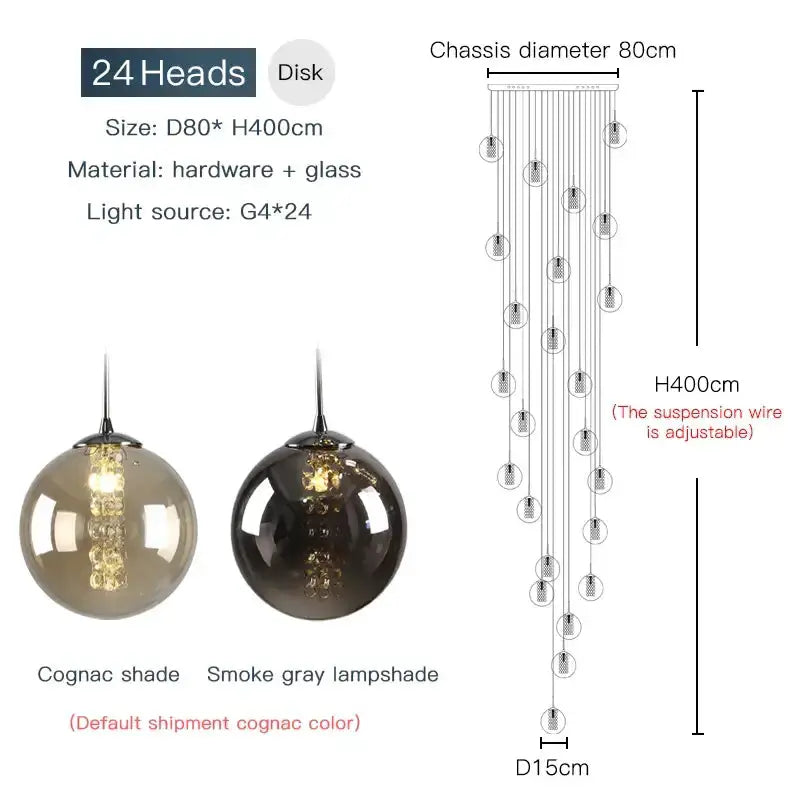 Decorbites chandelier loft glass spiral with cognac amber and smoky lampshades, 24 heads on Tampa Home & Garden Store